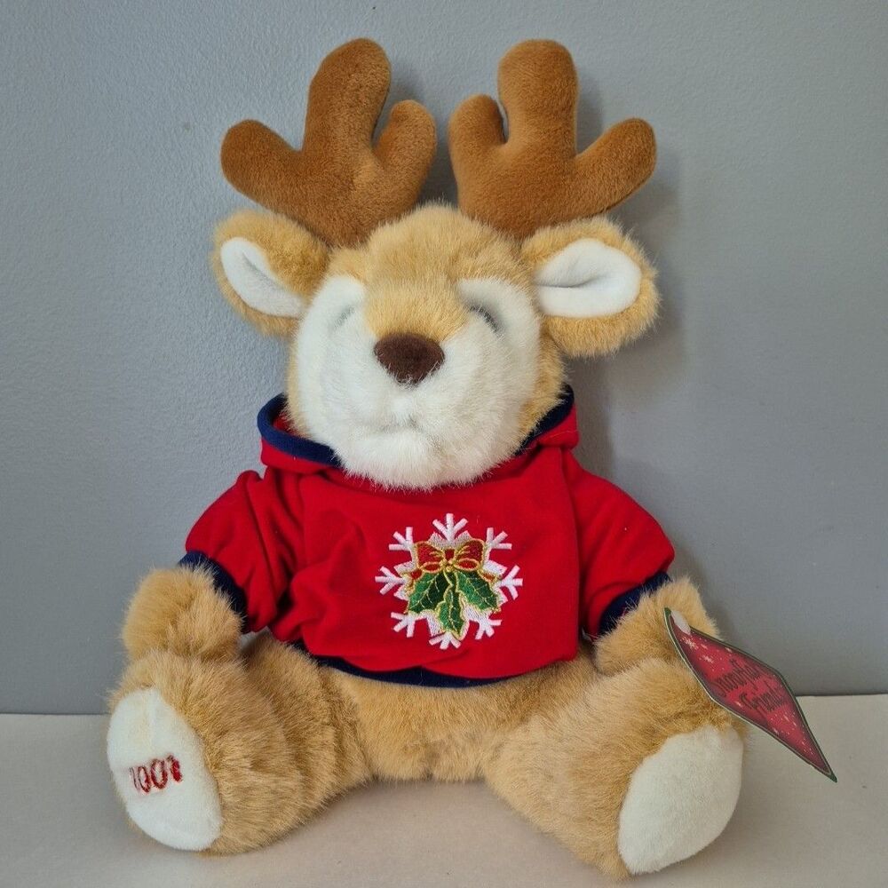 Snowflake Friends Vintage 2001 Stuffed Plush Reindeer w Red Velour Hoodie 15 IN